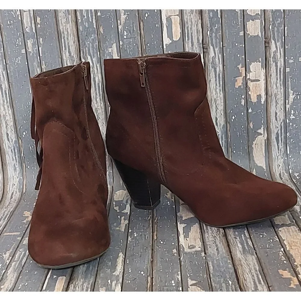 Cato Size 8 Side Zip Ankle Boots Block Heel Booties Brown Faux Suede Fringe